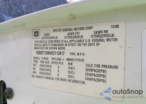 1999 Chevrolet Blazer Lt z USA, uszkodzony, nr VIN 1GNDT13W4X2112417